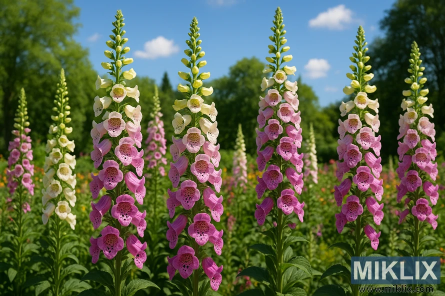 A stunning, hyper-realistic summer garden scene filled with tall foxglove spires (Digitalis purpurea) standing proudly under a bright blue sky dotted with soft, fluffy clouds. The foxgloves display an array of colors, transitioning from creamy white at the top to soft pinks and deeper magentas lower down the stalks, with their distinctive speckled throats clearly visible. Lush green leaves and stems surround the base, while more foxgloves and various garden blooms fill the softly blurred background, creating a vibrant, serene atmosphere bathed in warm sunlight.