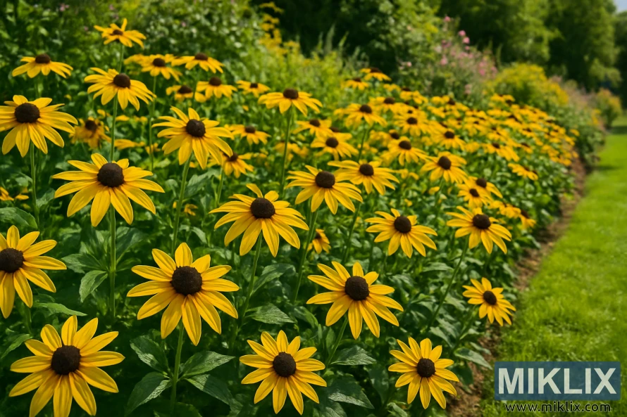 A vibrant garden border filled with bright yellow Black-eyed Susans in full bloom under a clear, sunny summer sky. The flowers dominate the foreground with their striking golden petals and rich, dark brown centers, standing tall amidst lush green foliage. The garden stretches into the distance, with more clusters of these cheerful blooms forming a dense, colorful ribbon along the edge of a neatly maintained lawn. In the background, various shades of green from shrubs and distant flowers create a soft, natural backdrop, adding depth and tranquility to the lively scene.