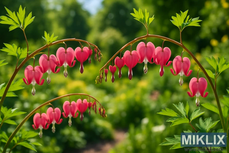 A garden scene on a bright summer day, focusing on delicate pink bleeding heart flowers (Lamprocapnos spectabilis) gracefully arching on slender, reddish-brown stems. Each heart-shaped bloom hangs downward, with vibrant pink outer petals and soft white inner tips, appearing almost translucent under the sunlight. The lush, green, fern-like foliage surrounds the flowers, adding depth and contrast. The softly blurred background reveals a sunlit garden filled with green plants and subtle hints of yellow blooms, creating a serene, dreamy atmosphere.