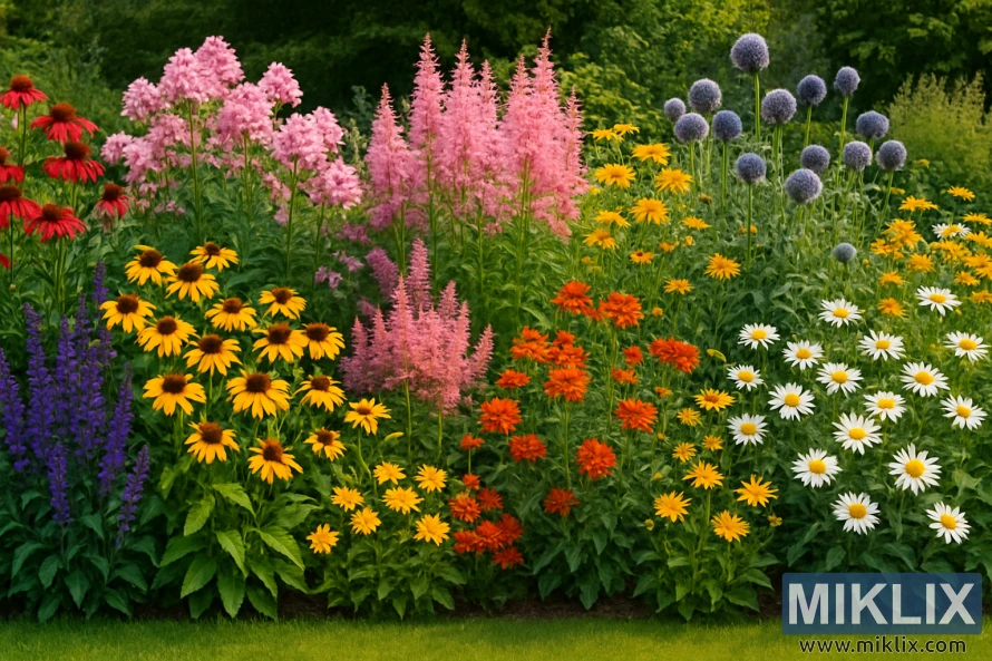 A stunning garden in full bloom, showcasing a vibrant flower border with varied heights and rich color combinations. Towering pink astilbes and purple globe thistles create vertical accents, while clusters of red coneflowers, yellow black-eyed Susans, and bright orange blossoms fill the mid-layer. Low-growing white daisies and deep violet spiked flowers add contrast near the neatly trimmed green lawn. The lush greenery forms a dense backdrop, enhancing the vivid colors of the blossoms under bright natural daylight.