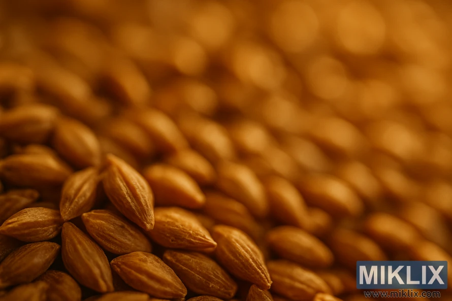 A well-lit, close-up photograph of pale ale malt grains, with a shallow depth of field. The malt kernels are a golden-amber hue, with a subtle sheen and visible surface textures. In the foreground, a few malt grains are in sharp focus, while the background fades into a soft, blurred bokeh. Lighting is warm and natural, accentuating the malt's color and tactile qualities. The image conveys the character and aroma of the pale ale malt, highlighting its potential impact on the final beer's flavor profile and appearance.