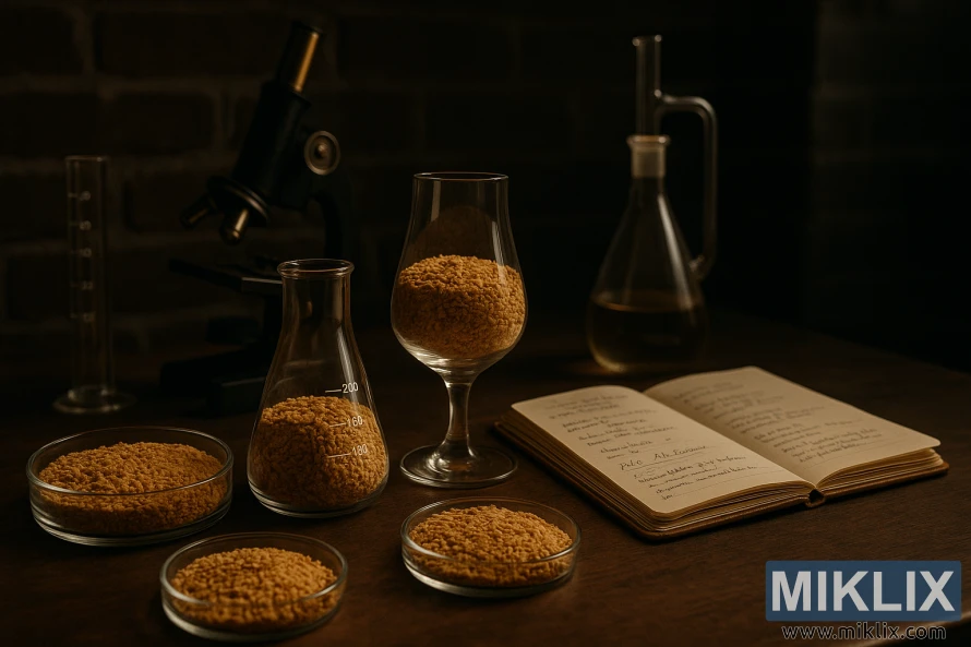 A sleek, artisanal laboratory setup with vintage-inspired glassware and scientific instruments. In the foreground, various pale ale malt samples are meticulously arranged, their golden hues and subtle textures showcased under soft, directional lighting. In the middle ground, a hand-written recipe journal lies open, its pages filled with detailed notes and calculations. The background features a dimly lit, industrial-chic workspace with exposed brick walls and a subtle, moody atmosphere, emphasizing the thoughtful, experimental nature of the recipe development process.