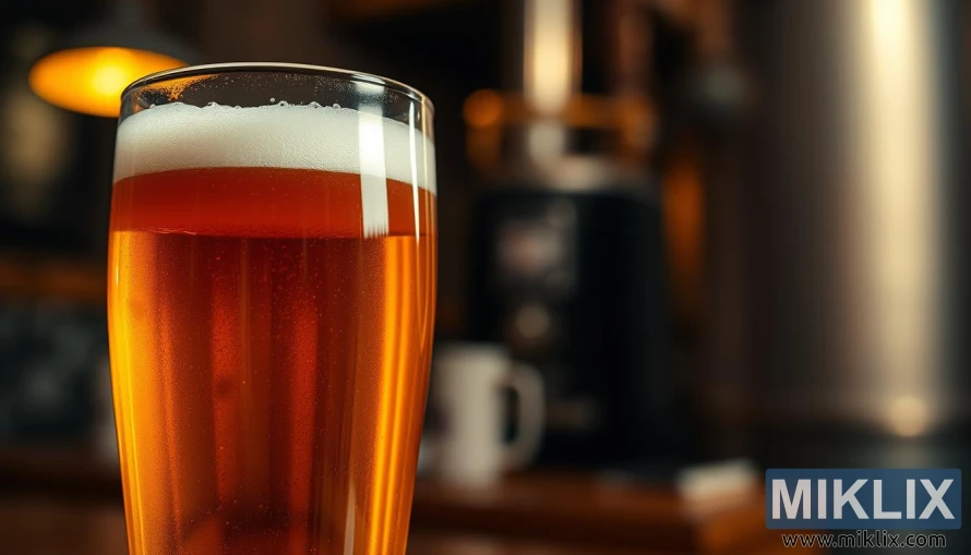 A close-up photograph of a glass filled with a rich, golden-colored beer. The liquid glistens under soft, warm lighting, highlighting its clarity and hue. The glass has a thick, creamy head that cascades down the sides, creating a visually appealing contrast. In the background, a blurred, out-of-focus scene suggests a cozy, atmospheric setting, perhaps a dimly lit pub or brewery. The overall composition and lighting convey a sense of craftsmanship, quality, and the malty, toffee-like notes associated with Vienna malt.
