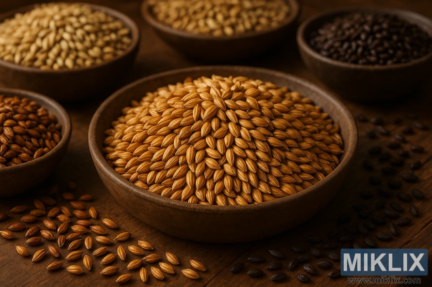 A wooden table set with various grains, including plump golden Vienna malt, juxtaposed with other malts like caramel and chocolate. Soft, warm lighting illuminates the texture and colors of the grains, creating a cozy, inviting atmosphere. In the foreground, the Vienna malt takes center stage, its distinctive hue and subtle toffee notes hinting at the depth of flavor it can impart to a brew. Surrounding it, the complementary grains suggest the infinite possibilities of blending and balancing malt profiles. The arrangement is shot from a slightly elevated angle, capturing the interplay of shapes, tones, and the tactile quality of the ingredients.