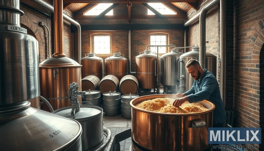 A well-lit, high-resolution image of a traditional German brewhouse, showcasing the intricate process of brewing with Munich malt. In the foreground, a skilled brewer carefully mashes the malt in a large copper kettle, surrounded by gleaming stainless steel equipment. The middle ground features towering oak barrels and a row of fermentation tanks, casting a warm, amber glow. In the background, the brewhouse's exposed brick walls and wooden beams create a cozy, historical atmosphere, complemented by the soft, natural lighting filtering in through large windows. The overall scene conveys the time-honored craftsmanship and attention to detail that go into brewing with this iconic German malt.