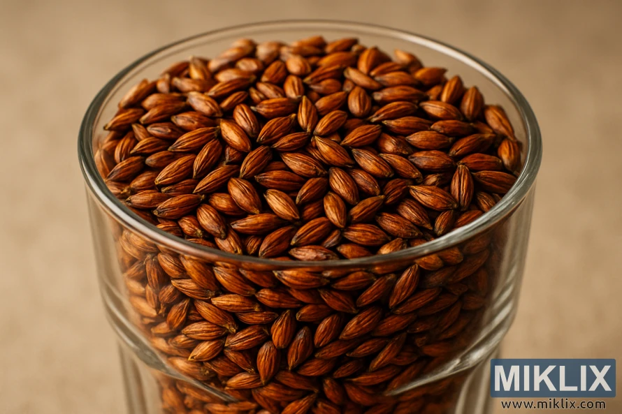 A close-up photograph of a glass filled with Munich malt, showcasing its rich, deep amber hue. The malt grains are displayed in crisp, high-resolution detail, allowing the viewer to observe their distinct, complex texture and coloration. Soft, warm lighting illuminates the malt, casting subtle shadows that accentuate its dimensional qualities. The glass is set against a neutral, out-of-focus background, drawing the eye to the malt's alluring color and inviting the viewer to imagine its distinctive toasted, bready aroma and mellow, nutty flavor profile.