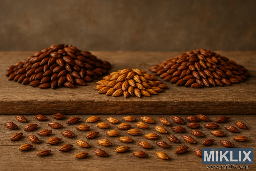 A wooden table set against a rustic backdrop, showcasing an assortment of Munich malt grains in various shades of amber and gold. The grains are neatly arranged, illuminated by soft, natural lighting that casts subtle shadows, creating a sense of depth and texture. In the foreground, a few grains are scattered, hinting at the care and attention given to their selection. The overall scene evokes a sense of craftsmanship and attention to detail, inviting the viewer to imagine the rich, complex flavors that will emerge from this carefully curated base grain bill.