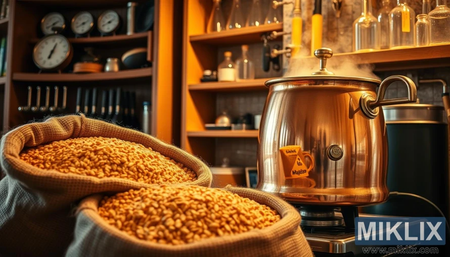 A cozy brewing setup with mild ale malt taking center stage. In the foreground, a gleaming copper kettle sits atop a vintage gas stove, steam gently rising. Grains of the specialty malt spill out of burlap sacks, their rich, toasted hues contrasting with the polished surfaces. Shelves in the background hold an array of brewers' tools - thermometers, hydrometers, and glass beakers. Warm, golden lighting casts a welcoming glow, hinting at the flavorful brew soon to be crafted. The scene exudes the aroma of roasted grains and the promise of a delightful, full-bodied ale.