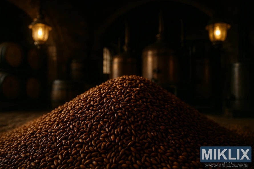 A dimly lit interior of a historic brewhouse, with a central focus on a pile of freshly kilned mild ale malt. The malt kernels are a deep, rich amber color, exuding an earthy, toasted aroma. In the background, rows of oak barrels and aging tanks hint at the brewing process, while a warm, golden glow emanates from antique gas lamps, casting a nostalgic atmosphere. The scene is captured from a low angle, emphasizing the importance and history of this unique malt variety in the art of traditional ale making.
