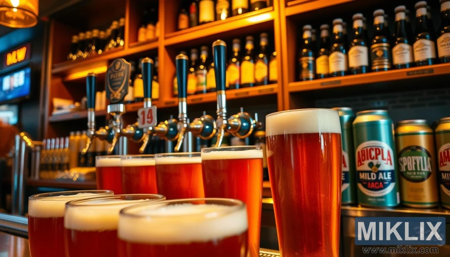 A commercial bar setting, dimly lit with warm, golden lighting. In the foreground, several pint glasses filled with a rich, amber-colored mild ale, the head gently foaming. In the middle ground, a row of taps dispensing the ale, with the tap handles prominently displaying the brand names. The background features wooden shelves stocked with bottles and cans of various mild ale offerings, their labels showcasing the iconic malt profiles. The scene exudes a cozy, traditional pub atmosphere, inviting the viewer to imagine the complex, biscuity flavors of the mild ale malt.