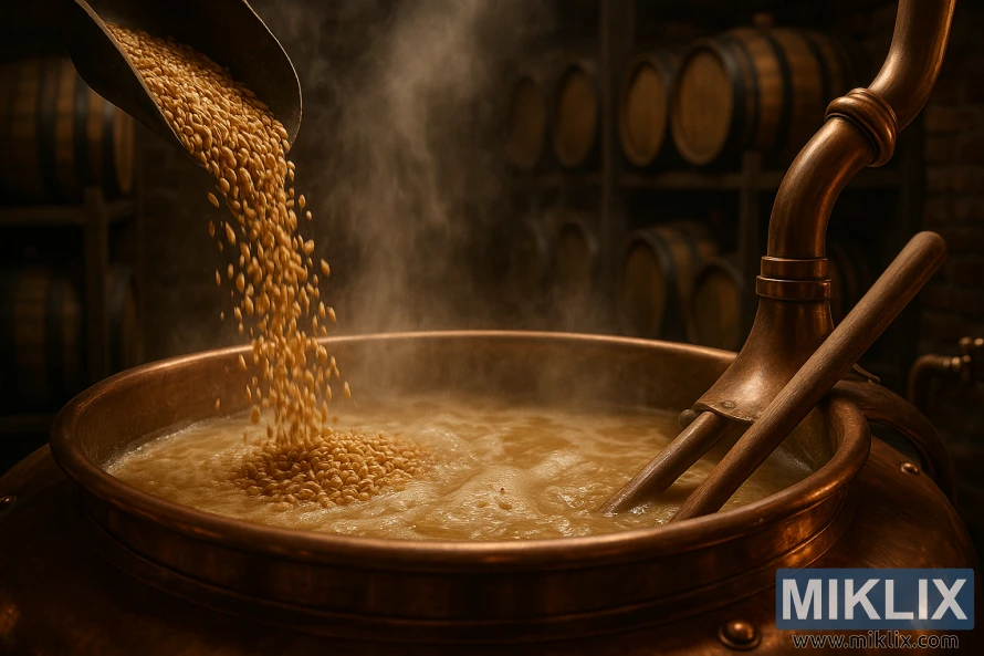 A cozy brewhouse interior, with a gleaming copper brew kettle in the foreground. Wheat malt kernels are carefully poured into the kettle, their golden hues catching the warm, diffused lighting. Steam rises, casting a hazy, atmospheric veil over the scene. Mash paddles stir the mixture, revealing the rich, creamy texture of the wort. In the background, oak barrels line the shelves, hinting at the complex flavors to come. The overall mood is one of artisanal craftsmanship and the quiet focus of the brewing process.