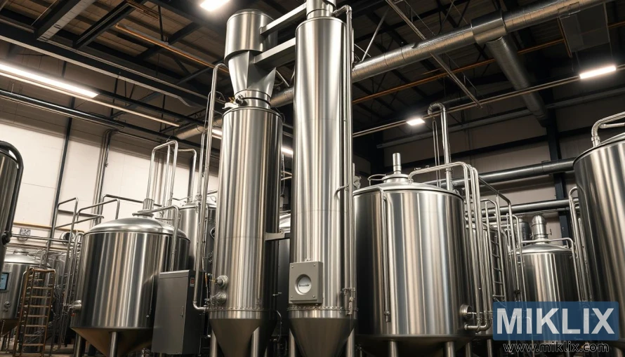 A large, well-lit industrial brewery interior with gleaming stainless steel brewing equipment in the foreground. In the center, a towering grain mill and mash tun stand proudly, surrounded by a network of pipes, valves, and control panels. In the background, fermentation tanks and a bottling line come into focus, hinting at the brewery's full production capabilities. Soft, directional lighting casts dramatic shadows, emphasizing the technical complexity and precision of the wheat malt brewing process. The overall atmosphere conveys a sense of industrial efficiency and craftsmanship.
