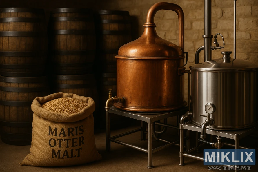 Uma aconchegante cena cervejeira britânica, exibindo uma tradicional chaleira de cobre contra um fundo de barris de carvalho empilhados. O malte Maris Otter, com seu aroma rico, de nozes e biscoitos, é exibido com destaque em primeiro plano, cercado por uma variedade de equipamentos de fermentação, incluindo um reluzente tanque de mosturação e um elegante suporte de fermentação com detalhes cromados. A iluminação quente e difusa projeta um brilho suave, destacando as texturas táteis das superfícies de madeira e metal. A atmosfera geral evoca uma sensação de artesanato e técnicas de fabricação de cerveja consagradas pelo tempo.