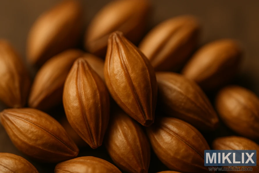 Um close-up de vários grãos de malte, destacando as características distintas do malte Maris Otter. Os grãos são iluminados uniformemente de lado, projetando sombras sutis e revelando suas superfícies ricas em tom caramelo. O foco é nítido, permitindo ao observador discernir as texturas intrincadas dos grãos, incluindo as estrias sutis e a aparência levemente enrugada que caracteriza este renomado malte britânico de duas fileiras. O fundo é suavemente desfocado, criando uma composição minimalista, quase abstrata, que atrai o olhar para os detalhes cativantes do malte. O clima geral é de reverência e apreço pelas qualidades únicas que fazem do Maris Otter um ingrediente apreciado no mundo da cerveja artesanal.