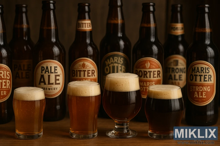 Uma coleção vibrante de garrafas e copos de cerveja exibe os diversos estilos produzidos com o malte Maris Otter. Em primeiro plano, uma variedade de ales e lagers de tom âmbar, com seus aromas ricos e aveludados flutuando no ar. No centro, uma seleção de ales tradicionais britânicas de barril, com espuma cremosa e tons acobreados profundos refletindo os sabores complexos do malte. Ao fundo, uma fileira de rótulos e logotipos estilizados de cerveja, cada um destacando o uso desta renomada cevada britânica de duas fileiras. Uma iluminação suave e aconchegante cria uma atmosfera acolhedora e convidativa, como se convidasse o espectador a explorar todo o potencial da Maris Otter na elaboração dos melhores estilos de cerveja.