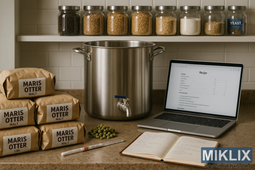 Um balcão de cozinha bem organizado com diversos equipamentos de fermentação e ingredientes utilizados na formulação da receita do malte Maris Otter. Em primeiro plano, uma pilha de sacos de malte Maris Otter cuidadosamente etiquetados, alguns lúpulos e um densímetro. No centro, uma chaleira de aço inoxidável, um laptop exibindo uma receita e um caderno com anotações manuscritas. Ao fundo, uma prateleira com potes de maltes especiais, leveduras e outros materiais cervejeiros. A cena é iluminada por uma luz suave e natural, criando uma atmosfera acolhedora e convidativa para o processo de desenvolvimento da receita. A composição geral transmite uma sensação de precisão, expertise e a elaboração cuidadosa de uma receita de cerveja com o distinto malte Maris Otter.
