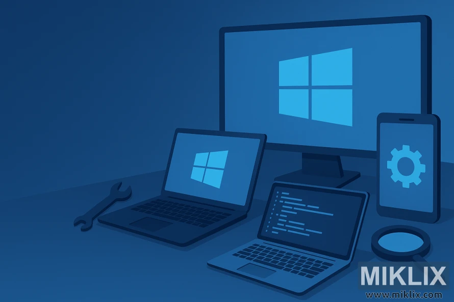 A modern, flat-style digital illustration in a monochromatic blue palette. Centered are multiple devices, including a desktop monitor, two laptops, and a smartphone. The monitor and one laptop prominently display the Windows logo, while the other laptop screen shows lines of code. A smartphone shows a gear icon, suggesting settings or technical configuration. Scattered around the devices are a wrench and magnifying glass, symbolizing tools and troubleshooting. The scene is set on a clean gradient background with soft lighting and subtle shadows, creating a sleek, professional aesthetic.