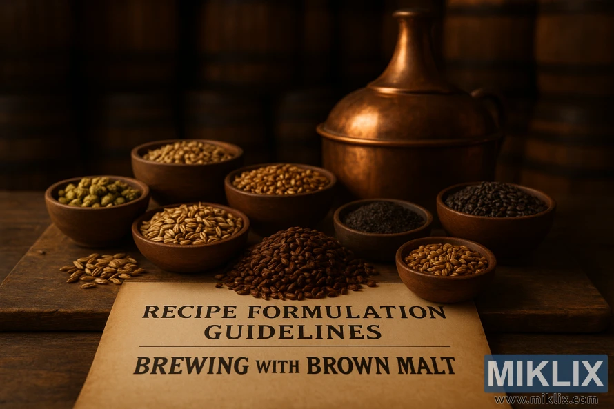 விரிவான பழுப்பு மால்ட் செய்முறை சூத்திரத்தைக் காட்டும் ஒரு உன்னதமான ப்ரூஹவுஸ் காட்சி. முன்புறத்தில், ஒரு தேய்ந்த மர மேசை துல்லியமாக அளவிடப்பட்ட மால்ட், தானியங்கள் மற்றும் ஹாப்ஸைக் காட்டுகிறது, அவை கவனமாக அமைக்கப்பட்டன. நடுவில் ஒரு விண்டேஜ் செப்பு ப்ரூ கெட்டில் உள்ளது, அதன் மேற்பரப்பு சூடான, கவனம் செலுத்திய விளக்குகளின் கீழ் மின்னுகிறது. பின்னணியில், வயதான ஓக் பீப்பாய்களின் சுவர் வரவிருக்கும் பணக்கார, சிக்கலான சுவைகளை எழுப்புகிறது.