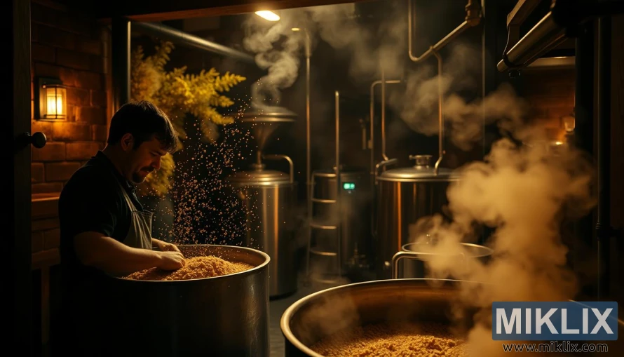 A cozy, dimly lit brewhouse interior. In the foreground, a skilled brewer carefully mashes aromatic malts, releasing rich notes of toasted bread and honey. Motes of golden light dance through the steam rising from the mash tun, casting a warm glow on the scene. In the middle ground, copper brew kettles simmer, their contents bubbling with the gentle hiss of fermentation. The background is shrouded in a soft, hazy atmosphere, hinting at the complex flavors and aromas to come. A sense of tradition and craft permeates the space, inviting the viewer to imagine the delightful brew that will soon emerge from this artful process.