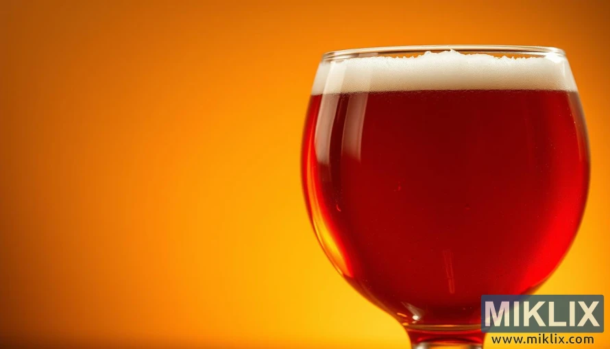 A vibrant glass filled with a deep, rich amber-hued beer, its surface gently reflecting the warm lighting above. The liquid's clarity allows a glimpse of its viscosity, hinting at the complex malt profile to come. Subtle highlights dance across the curved surface, creating a mesmerizing visual texture. In the background, a soft, neutral backdrop allows the beer's color to take center stage, showcasing its beautiful, honeyed appearance. Lighting is warm and directional, casting subtle shadows that accentuate the depth and body of the liquid. The overall composition exudes a sense of craft, care, and the celebratory nature of this aromatic, toasted malt-driven brew.