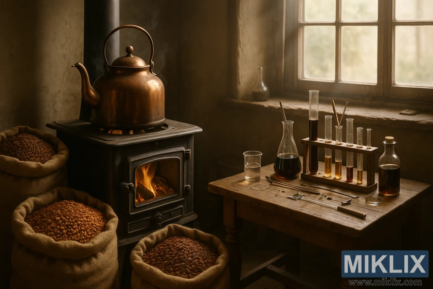 A cozy brewing setup with a copper kettle simmering on a vintage wood-fired stove, surrounded by sacks of special roasted malts - their deep amber hues and toasty aromas fill the air. Beams of warm, soft light stream in through a large window, casting a gentle glow over the scene. Vials, test tubes, and brewing instruments are neatly arranged on a sturdy wooden table, hinting at the care and precision involved in crafting this unique beer. The overall atmosphere evokes a sense of artisanal tradition, where the art of brewing with specialty malts is honored and explored.