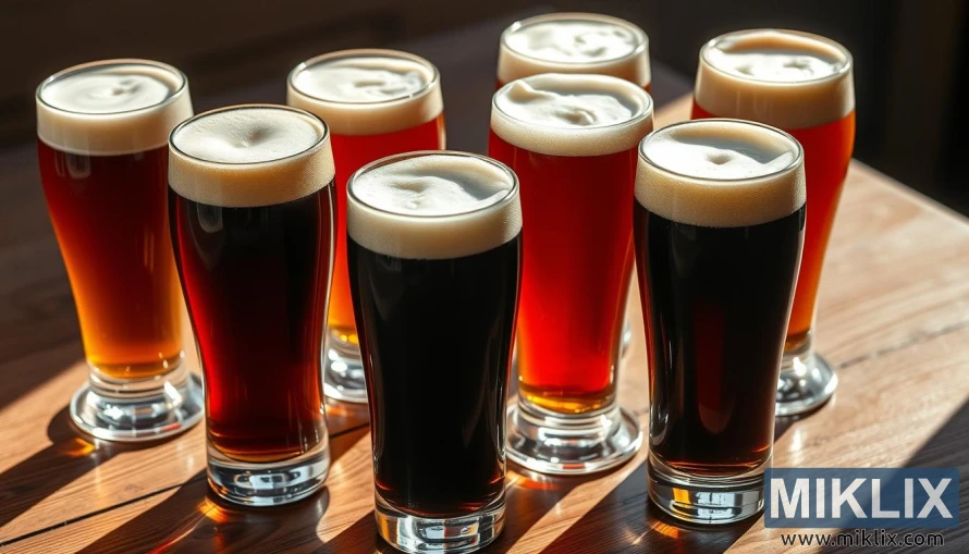 A well-lit, close-up photograph of several beer glasses filled with various special roast malt beer styles. The glasses are arranged on a wooden table, casting natural shadows. The beers range in color from deep amber to rich mahogany, with thick, creamy heads. Prominent malt aromas waft from the glasses, hinting at complex flavors like toasted nuts, caramelized bread crust, and subtle dark fruit. The lighting is warm and inviting, emphasizing the artisanal nature of these unique beer styles. The overall composition is balanced and visually appealing, drawing the viewer's attention to the distinctive characteristics of special roast malt beers.