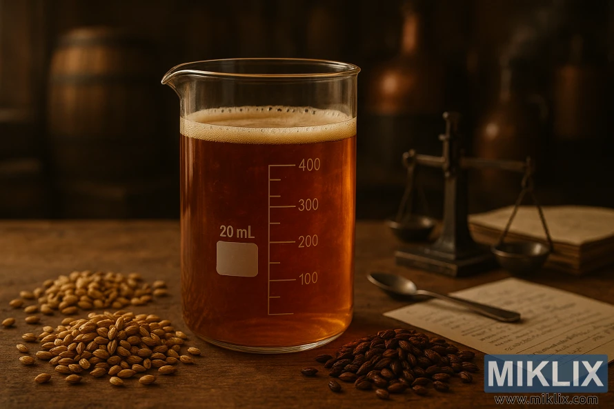 A glass laboratory beaker filled with a golden-brown liquid, surrounded by various whole grain malts in the foreground. In the middle ground, a scale and measuring spoons alongside a stack of brewing logs and recipe notes. In the background, a dimly lit artisanal brewery setting with wooden barrels, copper kettles, and a hint of steam. Warm, diffused lighting casts a cozy, contemplative atmosphere, emphasizing the nuanced details of the specialty malts and their role in recipe development.