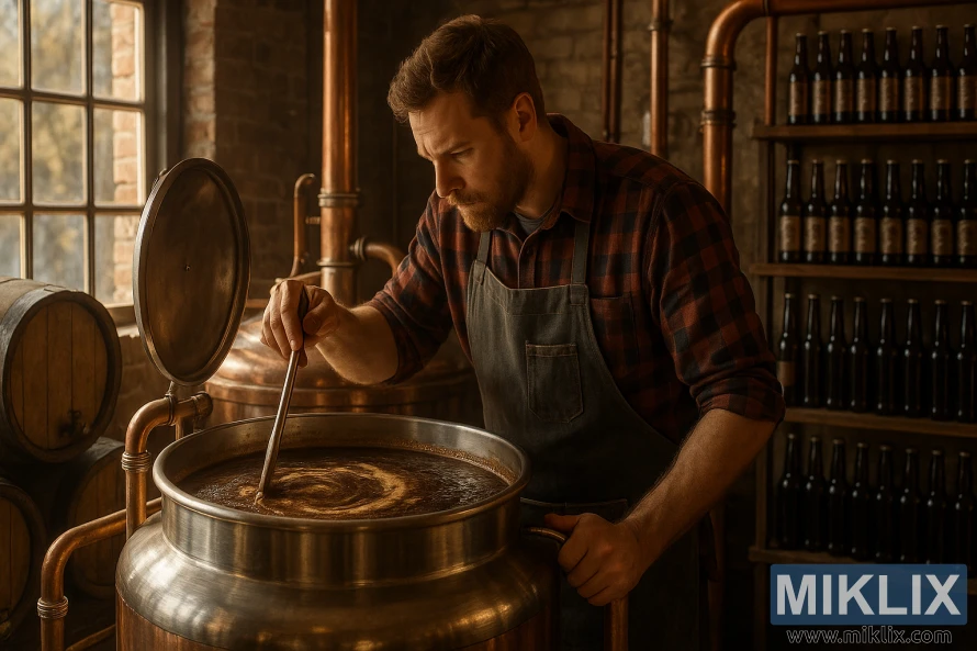 A cozy brewery interior with natural light streaming through large windows, highlighting a stainless steel brew kettle where a rich, dark liquid is being brewed. Aromas of roasted chocolate, freshly ground coffee, and a hint of toasted nuts fill the air. The brewmaster, wearing a flannel shirt and apron, carefully monitors the mash, their focused expression reflecting the precision of the craft. Copper pipes, wooden barrels, and shelves of bottled beer create a rustic, artisanal atmosphere, conveying the passion and expertise behind the creation of this chocolate-infused brew.