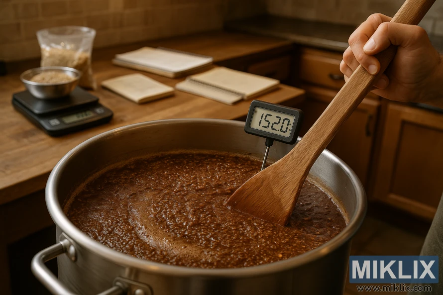 A busy kitchen counter with various mashing tools and techniques in use. In the foreground, a sturdy wooden mash paddle being used to gently stir a large stainless steel mash tun filled with a rich, dark chocolate malt mash. In the middle ground, a digital thermometer is mounted on the tun, displaying the precise mash temperature. Behind, a small scale measures out specialty grains, while a stack of brew logs and a well-worn recipe book provide guidance. Soft, warm lighting casts a cozy, inviting atmosphere, conveying the artisanal process of mashing chocolate malt for a flavorful, complex beer.