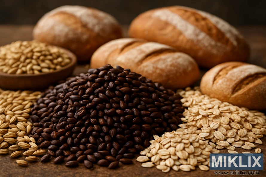A still life arrangement showcasing the pairing of chocolate malt with various grains. In the foreground, a pile of chocolate malt kernels, their rich, dark hues contrasting against the lighter shades of barley, wheat, and oats surrounding them. The middle ground features a selection of whole grain breads, their crusts lightly dusted with flour. Lighting is soft and diffused, casting gentle shadows and highlighting the textures of the different grains. The background is blurred, emphasizing the focus on the main subjects. The overall mood is one of warmth, comfort, and the artisanal craftsmanship of baking and brewing.