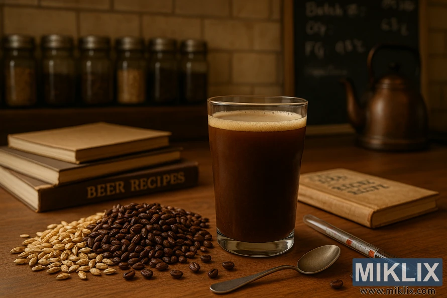 A cozy kitchen counter with a variety of brewing equipment and ingredients. In the foreground, a cloudy glass of chocolate malt brew sits, surrounded by a spoon, a hydrometer, and a few scattered whole coffee beans. In the middle ground, a stack of brewing notebooks and a well-worn copy of a beer recipe book. The background features a row of neatly organized spice jars, a vintage-style kettle, and a chalkboard with scribbled brewing notes. Warm, natural lighting casts a soft glow, creating an atmosphere of thoughtful experimentation and troubleshooting.