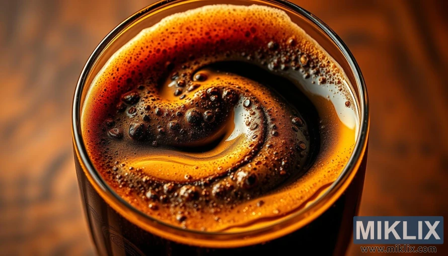 A rich, opulent black malt beer, with a deep, lustrous hue. The liquid shimmers under warm, golden lighting, reflecting the complex, roasted notes of the malt. Swirling in a crystal glass, the beer's viscous, velvety appearance hints at its bold, intense flavor - a sharp, slightly bitter tang of burnt toast and charcoal, with an undercurrent of sweet, caramelized undertones. The scene exudes an air of sophistication and artisanal craftsmanship, inviting the viewer to savor the unique character of this expertly brewed black malt beer.