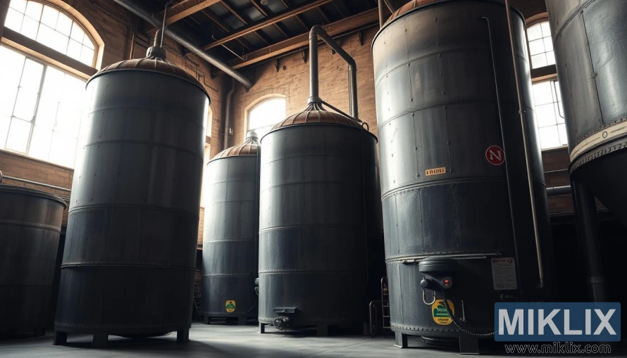 A well-lit, industrial interior showcasing a series of large, dark malt storage silos. The silos are constructed of weathered metal, their surfaces textured with rivets and patches, conveying a sense of rugged functionality. Soft, diffused lighting filters in through high windows, casting a warm glow over the scene. The floor is made of sturdy concrete, and the walls are adorned with pipes, valves, and other brewing equipment, hinting at the silos' role in the beer-making process. An air of order and precision pervades the space, reflecting the care and attention required for proper malt storage and handling.