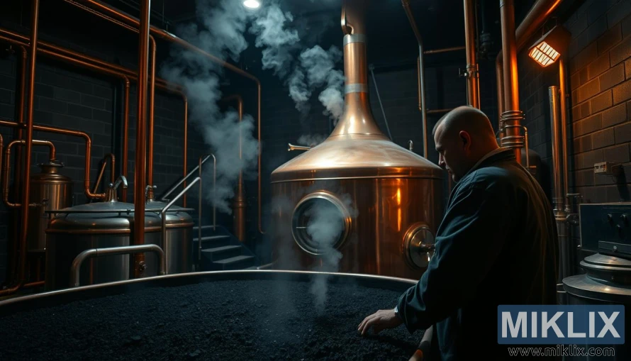 A dimly lit professional brewery, with an expansive copper brew kettle at the center. Steam rises from the boiling wort, casting a warm, amber glow across the scene. In the foreground, a skilled brewer meticulously monitors the mash, closely examining the deep, inky hue of the black malt as it steeps. Copper piping and stainless steel equipment line the walls, reflecting the flickering flames of the burners. The air is thick with the rich, roasted aroma of the black malt, creating a moody, atmospheric ambiance. Carefully selected lighting casts dramatic shadows, emphasizing the technical expertise and artistry of the brewing process.