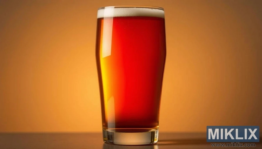 A sleek, crystal-clear beer glass filled with a rich, deep amber-brown liquid, illuminated by warm, diffused lighting. The beer's color gradient transitions seamlessly from a vibrant, golden hue at the top to a deeper, almost mahogany tone towards the bottom, showcasing the impact of dehusked Carafa malt. Subtle highlights and reflections dance across the surface, creating a captivating, textural effect. The glass is set against a muted, minimalist background, allowing the beer's color to take center stage.