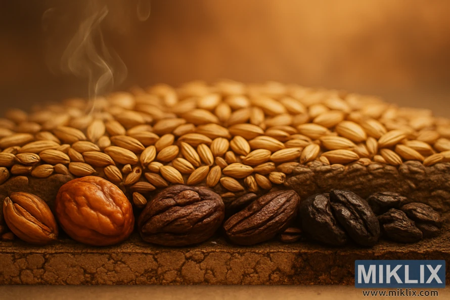 A detailed, cross-sectional illustration showcasing the distinct flavor profiles of various malts, captured under warm, diffused lighting and a shallow depth of field. In the foreground, prominently featured are the characteristic hues and textures of caramel, chocolate, and roasted malts, their aromas wafting upwards. In the middle ground, a selection of lighter specialty and base malts, each with its own nuanced flavor notes, are arranged harmoniously. The background depicts a soft, blurred gradient, allowing the viewer to focus on the tactile, sensory experience of the malts. The overall composition conveys the multifaceted nature of malt's contribution to the complex flavors of beer.