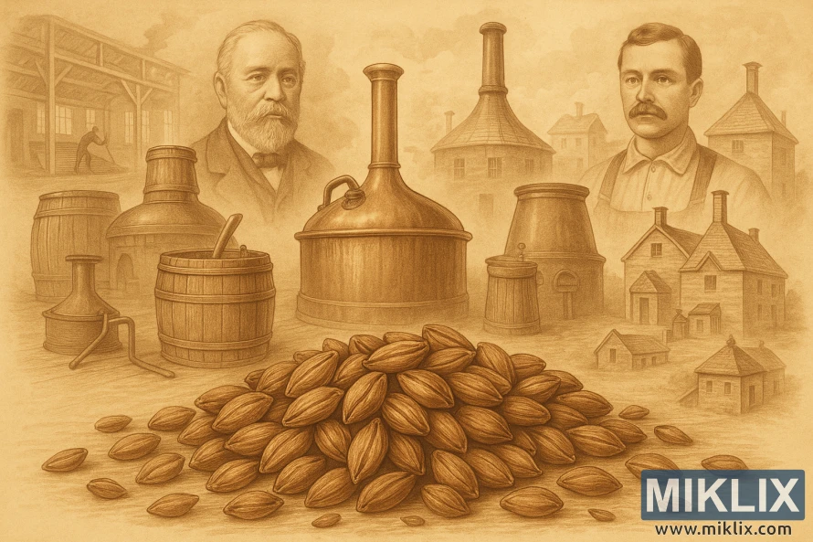 A vintage-inspired illustration depicting the history and development of pale chocolate malt. In the foreground, a sepia-toned close-up of a handful of pale chocolate malt grains, their surfaces textured and glistening. In the middle ground, a series of historic brewing vessels and tools from different eras, conveying the evolution of malt production techniques. The background features a soft, hazy montage of old brewery interiors, malt houses, and sepia-toned portraits of pioneering maltsters. The overall mood is one of nostalgia, artisanal craftsmanship, and the timeless tradition of brewing with this distinctive malt variety.