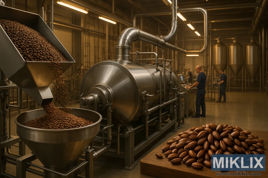A modern, well-lit industrial facility with gleaming stainless steel equipment. In the foreground, a large malt hopper feeds whole pale chocolate malt grains into a rotary kiln. The kiln slowly rotates, gently toasting the malt to a rich, mahogany hue. Warm lighting casts a golden glow, highlighting the intricate pipes and valves. In the middle ground, technicians monitor the process, adjusting temperatures and airflow. In the background, rows of storage silos contain the finished, fragrant pale chocolate malt, ready to be packaged and shipped to breweries. An atmosphere of precision, craftsmanship, and attention to detail pervades the scene.