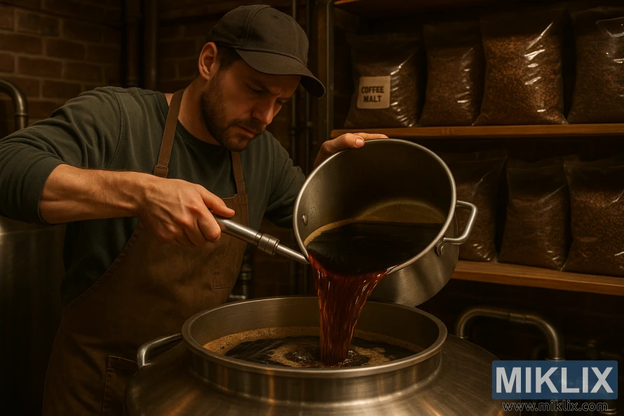 A cozy, well-lit brewhouse interior. In the foreground, a brewer carefully pours freshly brewed wort from a stainless steel brew kettle into a fermentation tank, the rich, dark coffee-colored liquid swirling with aromas of toasted malt and subtle sweetness. Shelves in the background hold various specialty grains, including bags of coffee malt, their deep brown hues reflecting the warm lighting. The scene conveys a sense of craftsmanship and attention to detail, capturing the process of brewing a beer with the distinctive flavors of coffee malt - a smooth, mild roast and reduced bitterness.