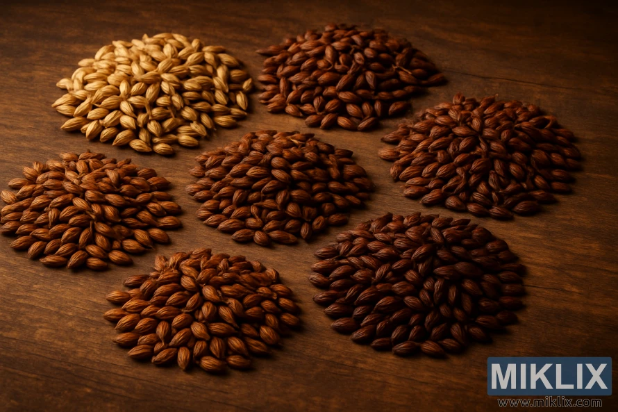 A diverse selection of coffee malt grains arranged on a rustic wooden surface, bathed in warm, directional lighting that casts subtle shadows. The grains, ranging from light golden to deep reddish-brown, are displayed in an aesthetically pleasing layout, showcasing their unique textures and hues. The arrangement conveys a sense of craftsmanship and attention to detail, hinting at the nuanced flavors and aromas these specialty malts can impart to a beer. The overall mood is one of artisanal sophistication, inviting the viewer to explore the possibilities of incorporating these coffee-forward malts into a balanced and complex brew.