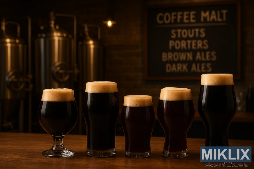A cozy brewery interior, dimly lit with warm, soft lighting. In the foreground, a selection of craft beer glasses filled with rich, dark coffee-colored ales, their foam crowns glistening. In the middle ground, rows of gleaming steel fermentation tanks, while in the background, a wall-mounted chalkboard menu displays the various coffee malt beer styles available - stouts, porters, brown ales, and more. The atmosphere is inviting, with a hint of roasted coffee aroma wafting through the air, creating a comforting, artisanal ambiance.
