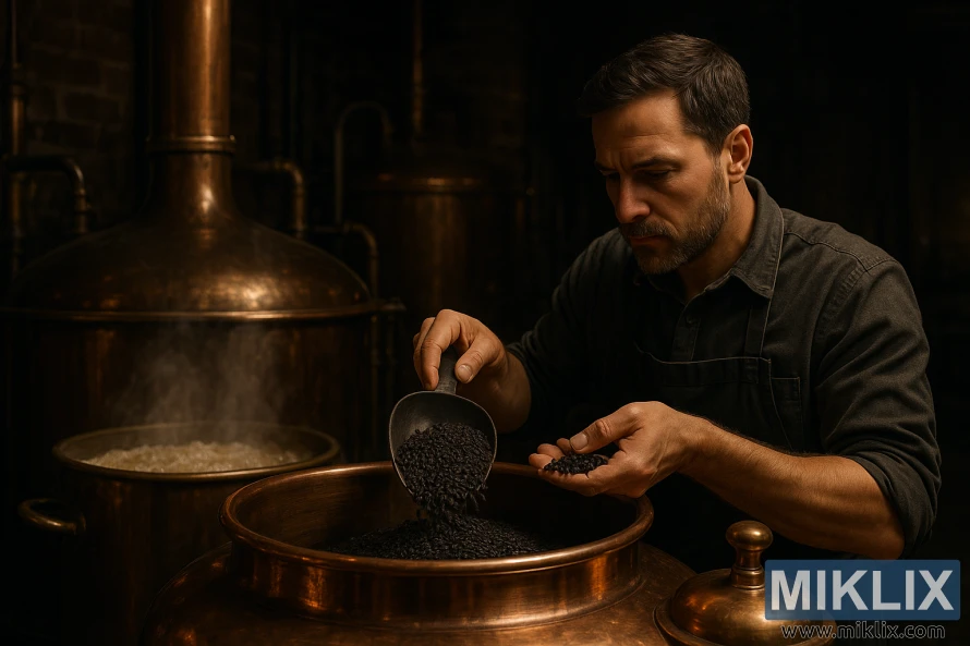 A dimly lit, cozy brewhouse interior. In the foreground, a skilled brewer carefully scoops midnight wheat malt into a gleaming copper brew kettle, its deep-hued grains glistening under the warm, soft lighting. In the middle ground, the mash tun bubbles with the sound of active fermentation, casting a rich, earthy aroma throughout the space. The background is shrouded in a moody chiaroscuro, hinting at the depth and complexity to come in the finished beer. The scene evokes a sense of artisanal craftsmanship, where tradition and innovation converge to create a truly exceptional brew.