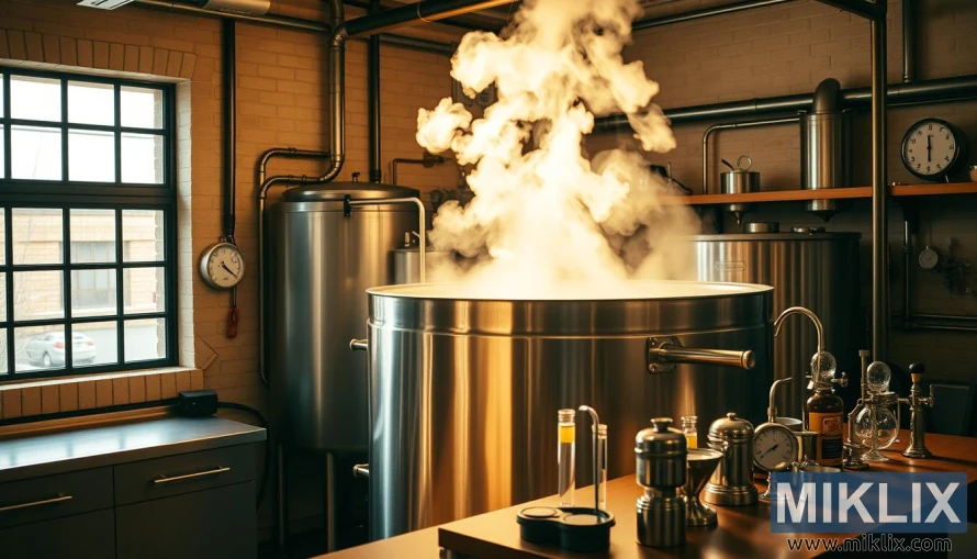 A well-lit, industrial-style kitchen with a large stainless steel mash tun at the center. Steam rises gently from the tun, and a digital temperature display shows the precise mash temperature. On the counter nearby, a variety of brewing tools and instruments, including a thermometer, pH meter, and hydrometer, hint at the precise control required for the mashing process. The room is bathed in a warm, golden light, creating a cozy, focused atmosphere, perfect for the careful attention to detail needed to extract the best flavors from the Midnight Wheat malt.