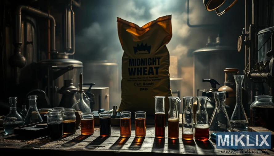 A dimly lit brewery interior, with an array of brewing equipment and tools scattered across a weathered wooden workbench. In the foreground, a series of glass beakers and test tubes hold various liquids, representing the potential missteps in the brewing process. The middle ground features a prominent sack of Midnight Wheat Malt, casting an ominous shadow over the scene. The background is hazy, evoking a sense of contemplation and the weight of experience. Warm, directional lighting casts dramatic shadows, heightening the sense of drama and the potential consequences of brewing mistakes. The overall atmosphere is one of caution and the importance of attention to detail when working with this unique malt.