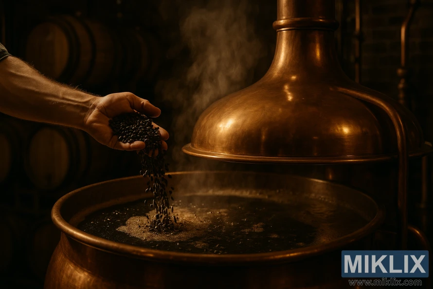 A dimly lit brewery interior, with a copper brew kettle taking center stage. The kettle is filled with a dark, bubbly liquid, steam rising from its surface. The scene is illuminated by warm, golden lighting, casting a cozy, inviting atmosphere. In the foreground, a brewer's hand carefully adds a handful of dark, roasted Blackprinz malt to the brew, the grains cascading into the kettle. The background features a row of oak barrels, hinting at the aging process to come. The overall tone conveys the artisanal, handcrafted nature of the brewing process with Blackprinz malt, showcasing its clean roasted flavor and low bitterness.