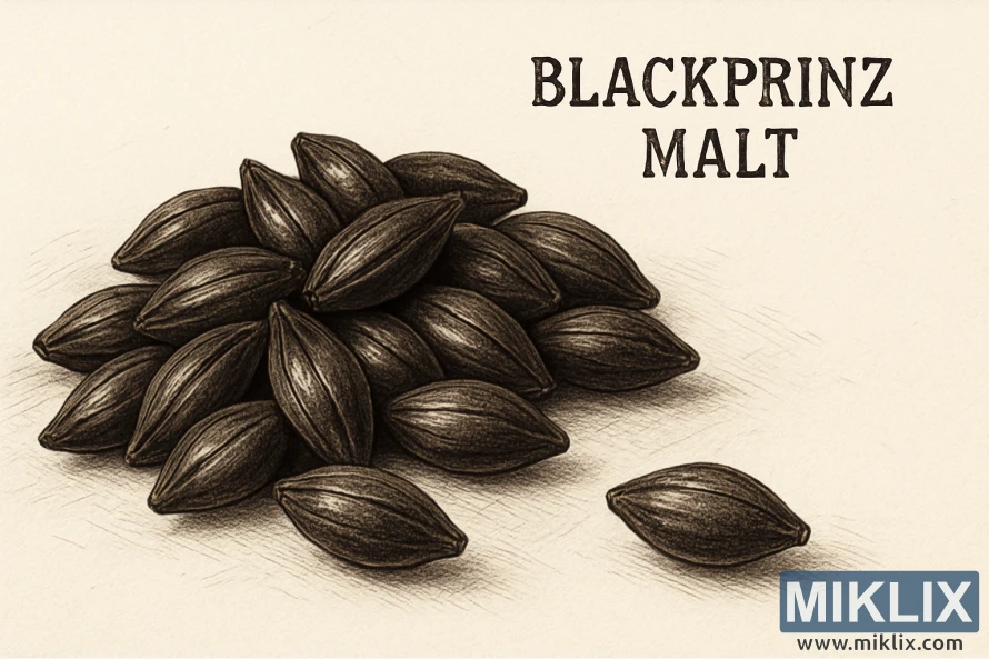 A close-up, detailed technical illustration of Blackprinz malt, showcasing its distinct characteristics. The malt kernels are prominently displayed against a clean, neutral background, allowing the viewer to clearly observe their color, texture, and size. Soft, directional lighting highlights the malt's subtle variations and sheen, giving the image a professional, scientific feel. The overall composition is well-balanced, with a slight angle that provides depth and visual interest. The image conveys the malt's quality and potential impact on the brewing process, aligning with the article's focus on its clean roasted flavor and low bitterness.