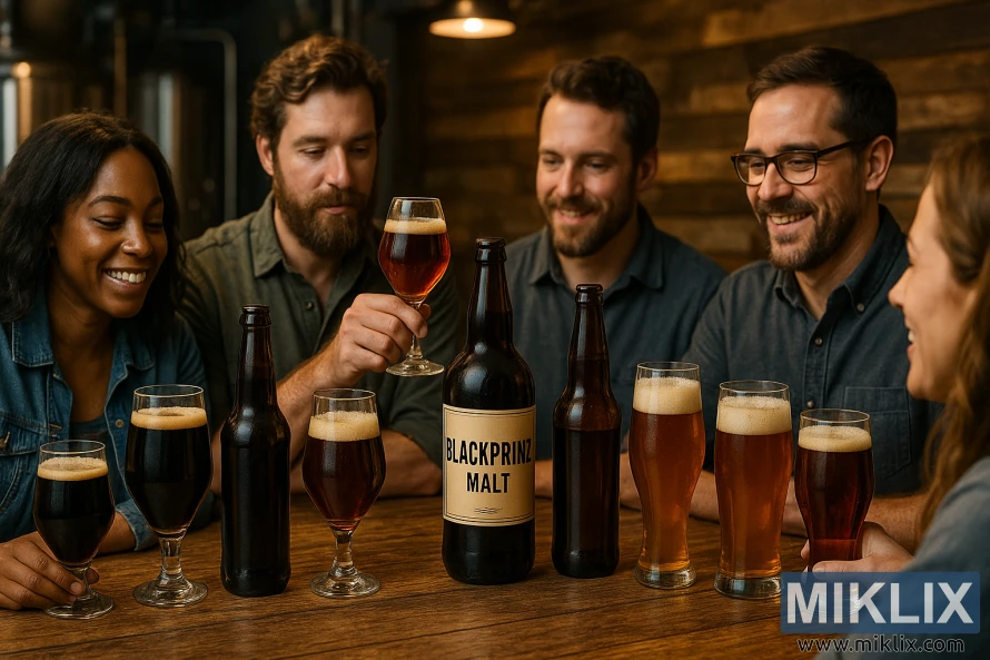 A lively scene showcasing the versatility of Blackprinz malt in various beer styles. In the foreground, a group of craft beer enthusiasts gather around a wooden table, admiring the deep amber hues and rich aromas of a variety of beer samples. In the middle ground, the focal point is a display of different beer bottles and glassware, each highlighting the unique characteristics of Blackprinz malt - its clean, roasted flavor, and low bitterness. The background features a cozy, well-lit brewery setting, with gleaming fermentation tanks and a wall of reclaimed wood, creating a warm, inviting atmosphere. The lighting is soft and atmospheric, casting a gentle glow on the scene, conveying a sense of expertise and artisanal craftsmanship. The overall composition emphasizes the versatility and appeal of Blackprinz malt in crafting exceptional beer styles.