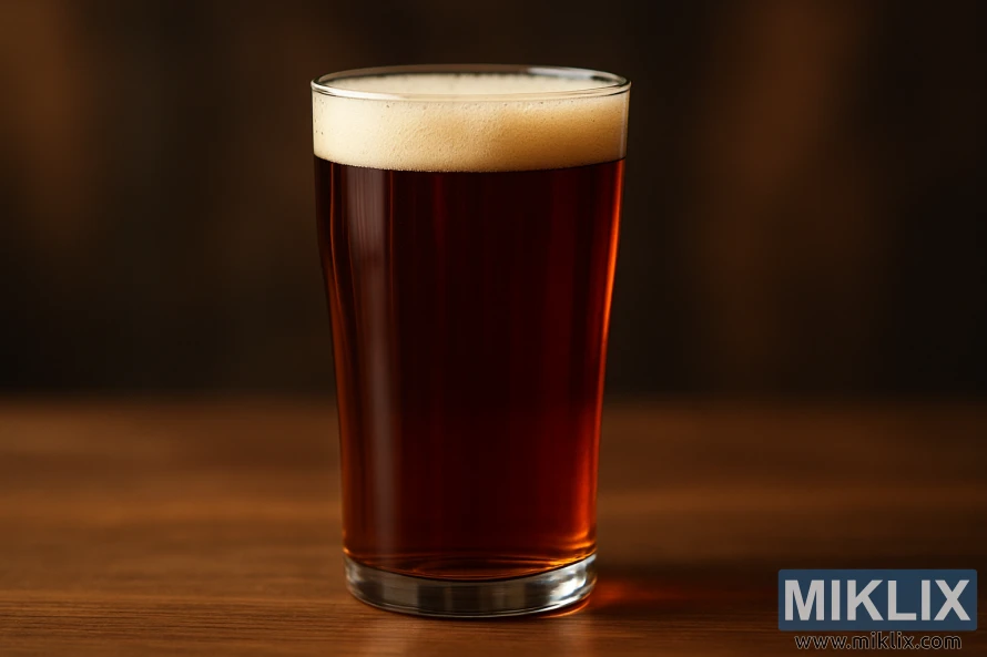 A close-up view of a crystal-clear glass filled with Blackprinz malt beer, showcasing its rich, deep amber hue. The beer's surface gently reflects the warm, diffused lighting, creating a soft, inviting glow. The glass is positioned on a sleek, minimalist wooden surface, allowing the beer's color to take center stage. The background is softly blurred, keeping the focus on the beer's captivating appearance. The scene conveys a sense of premium quality, highlighting the malt's impact on the beer's color development and the overall aesthetic appeal.