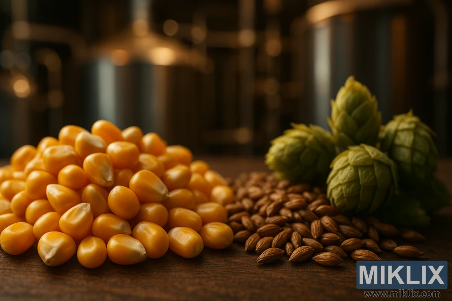 A close-up view of several corn kernels, their golden hues glistening under warm, soft lighting. In the middle ground, a handful of malted barley grains and a few whole hops cones create a harmonious composition. The background features blurred, out-of-focus brewing equipment, conveying a sense of the industrial setting where these ingredients come together to create a delicious, craft beer. The overall mood is one of artisanal craftsmanship, highlighting the essential role these adjuncts play in the beer brewing process.