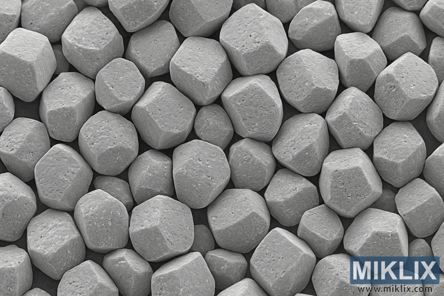 A highly detailed micrograph of corn starch granules, shot with a scanning electron microscope under bright, even lighting, filling the entire frame. The granules are showcased in high resolution, revealing their intricate polygonal shapes, pitted surfaces, and varying sizes. The background is pure white, emphasizing the clarity and texture of the starch composition. The image conveys a sense of scientific precision and focus, perfectly suited to illustrate the chemical structure of corn in the context of beer brewing.